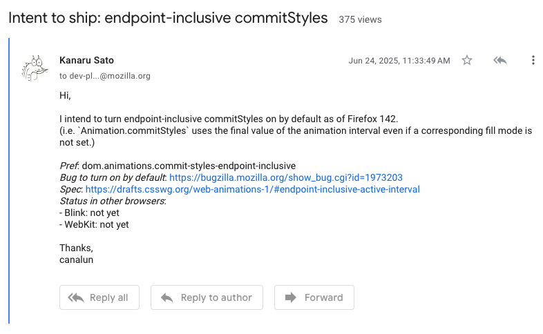 canalunのアイコンがauthorになったメールで、Intent to Ship: endopoint-inclusive commitStylesという題名のものがmozillaのメーリスに投稿されている様子